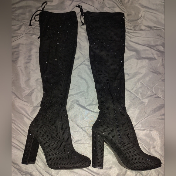 Rhinestone Black Knee-High Boots - Picture 2 of 4